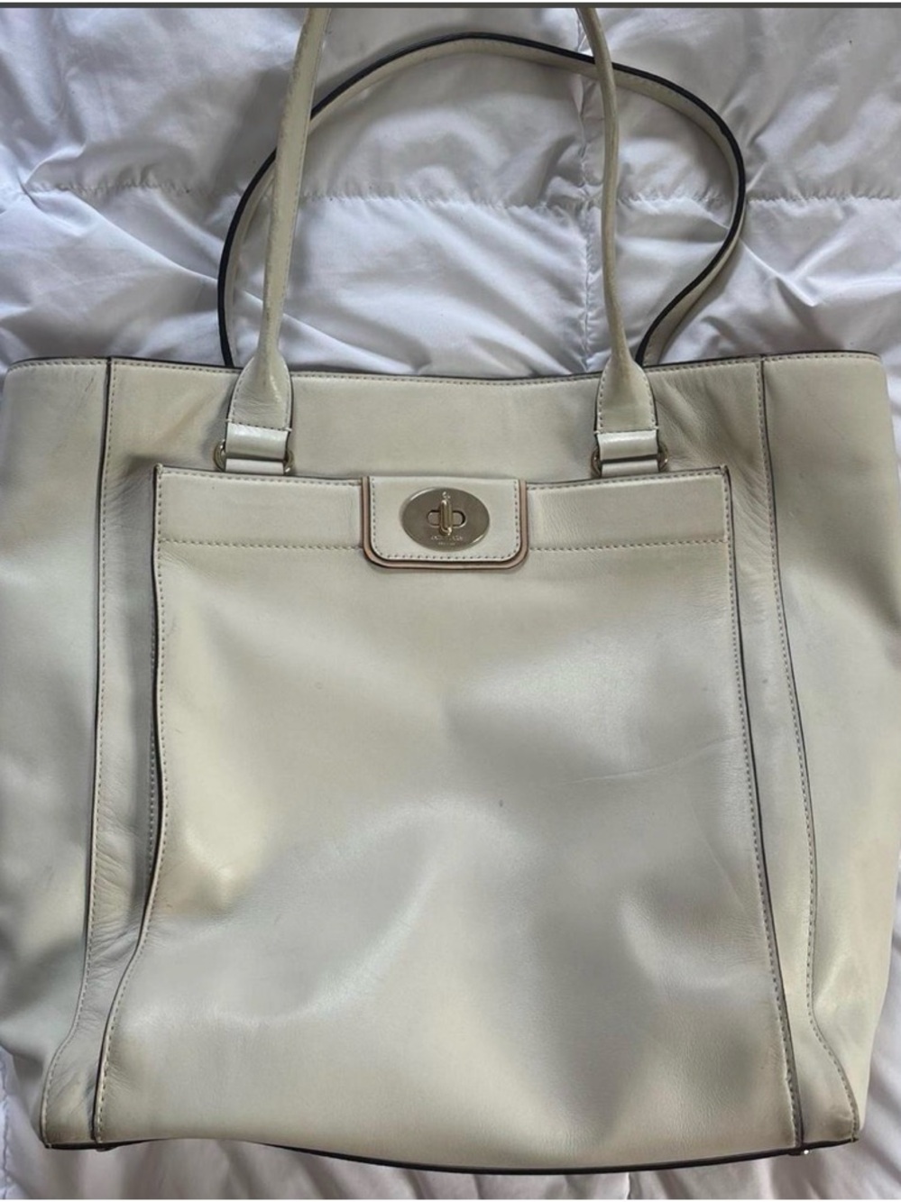 Cream Leather Kate Spade Tote Bag with Turn-Lock Front Pocket